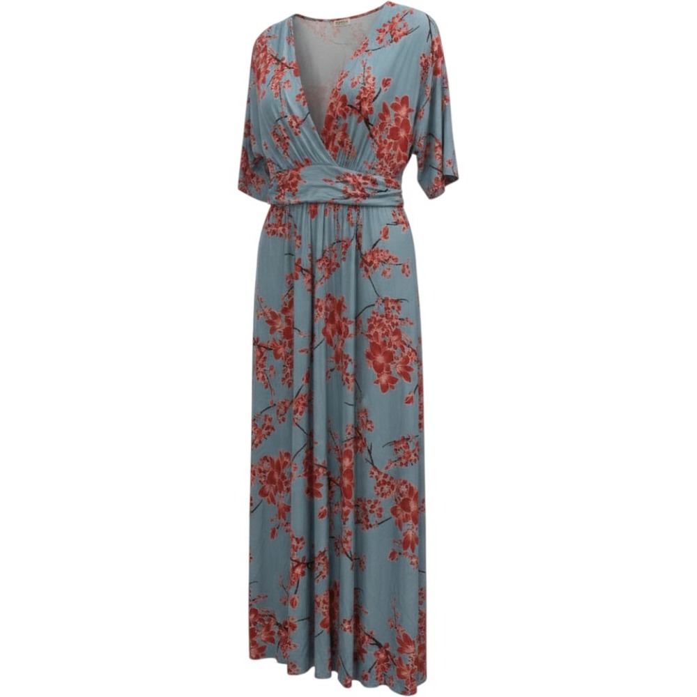 Kiyonna Blue Red Floral Cherry Blossom Maxi Dress 2X Made in USA NWT